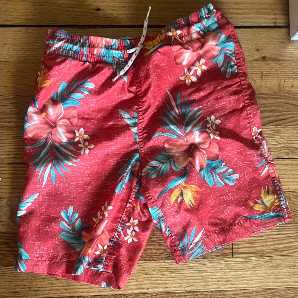 Boys Red Tropical Floral Swim Trunks